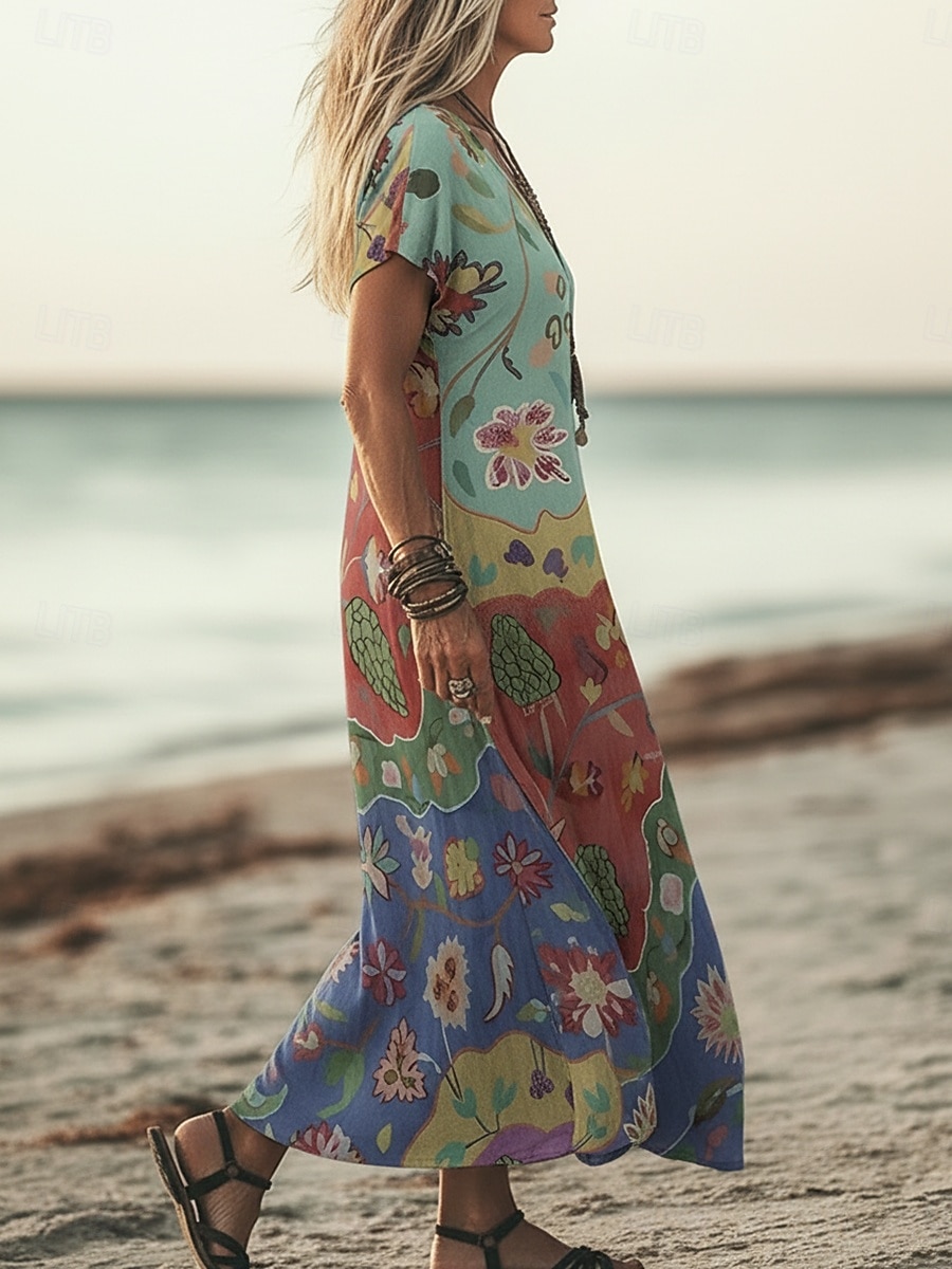 Women's Maxi Dress Boho Dress Casual Dress A Line Dress Print Dress Vintage Outdoor Beach Vacation Regular Fit Floral Graphic Short Sleeve V Neck Green Summer Spring 2026 - $25.99 –P2