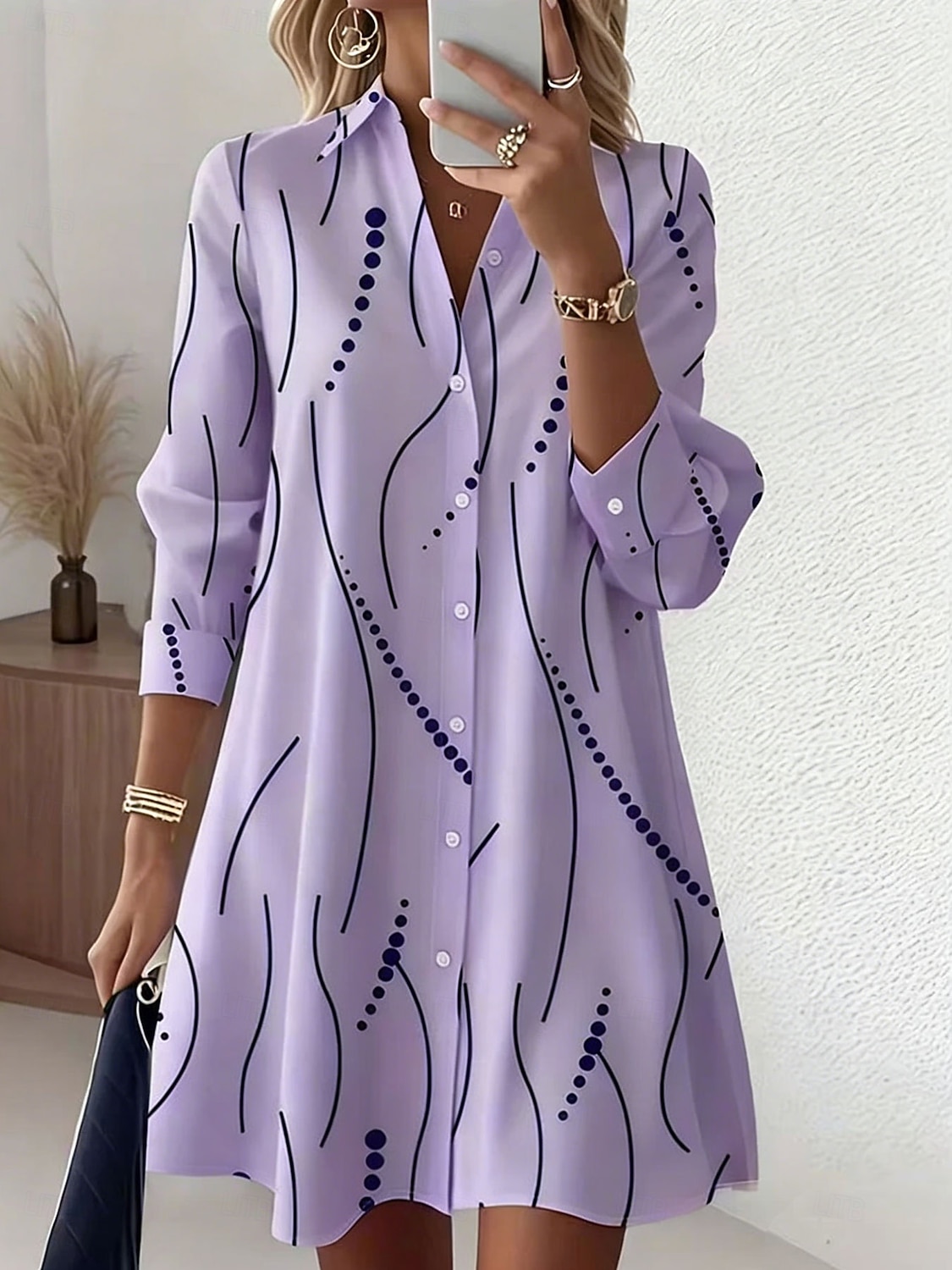 Pentru femei Rochii Lungime Genunchi Rochii Tip Cămașă Vacanță Gril pe Kamado Casual Plajă Fit regulat Grafic Buline Abstract Manșon Lung Rever Albastru piscină Alb Roz Îmbujorat Mov Vară Primăvară 2026 - $44.99 –P2