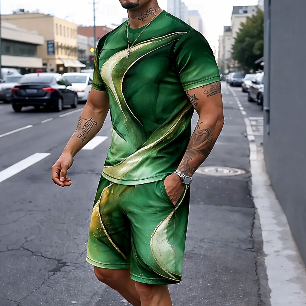 Men's Geometic Line 2pcs Tees sets Summer Tops Short Sleeve Short Pants Crew Neck Casual Trendy Daily Vacation 3D Print Summer Blue Purple Green 2026 - $28.99 –P1