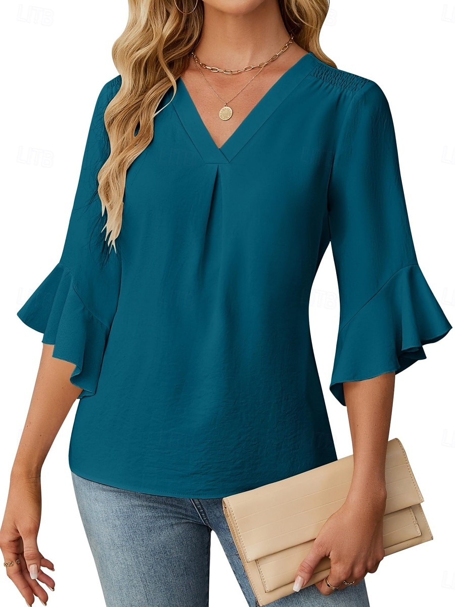 Per donna Camicia Blusa Top in chiffon Volant Semplice Elegante Classico Moderno Manica 3/4 Scollo a V Top Regolari Quotidiano Ferie Uscire Nero Bianco Verde Azzurro Estate Primavera del 2026 a $27.99 –P18