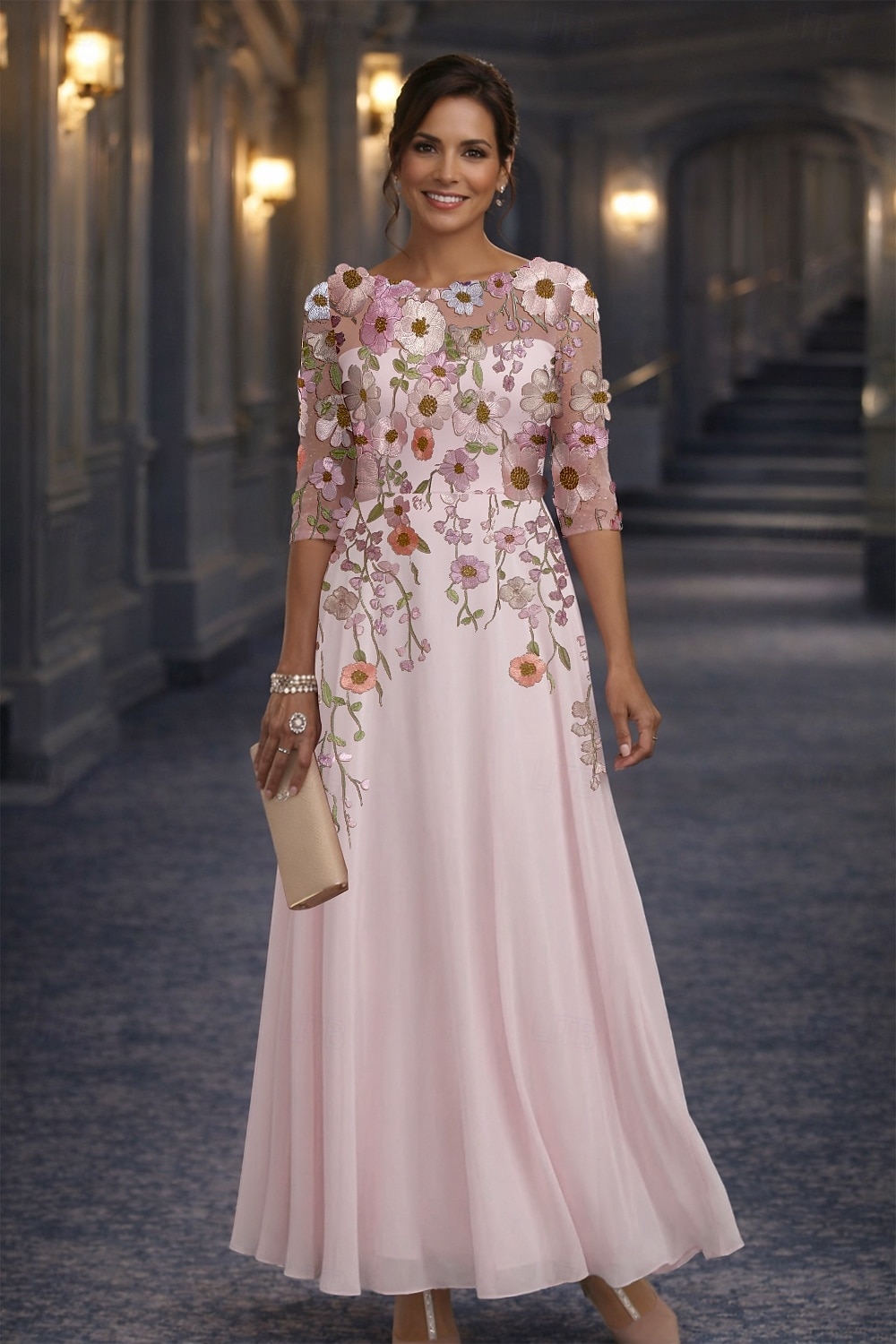 A-Linie Bodenlang Spitzenkleid Brautmutterkleid Langarm Rundhalsausschnitt Illusionsausschnitt Elegant Vintage Formell Hochzeitsgast Hochzeitsfeier Chiffon Spitze mit Blumenmuster 3D-Blumen Stickerei 2026 - $88.99 –P1