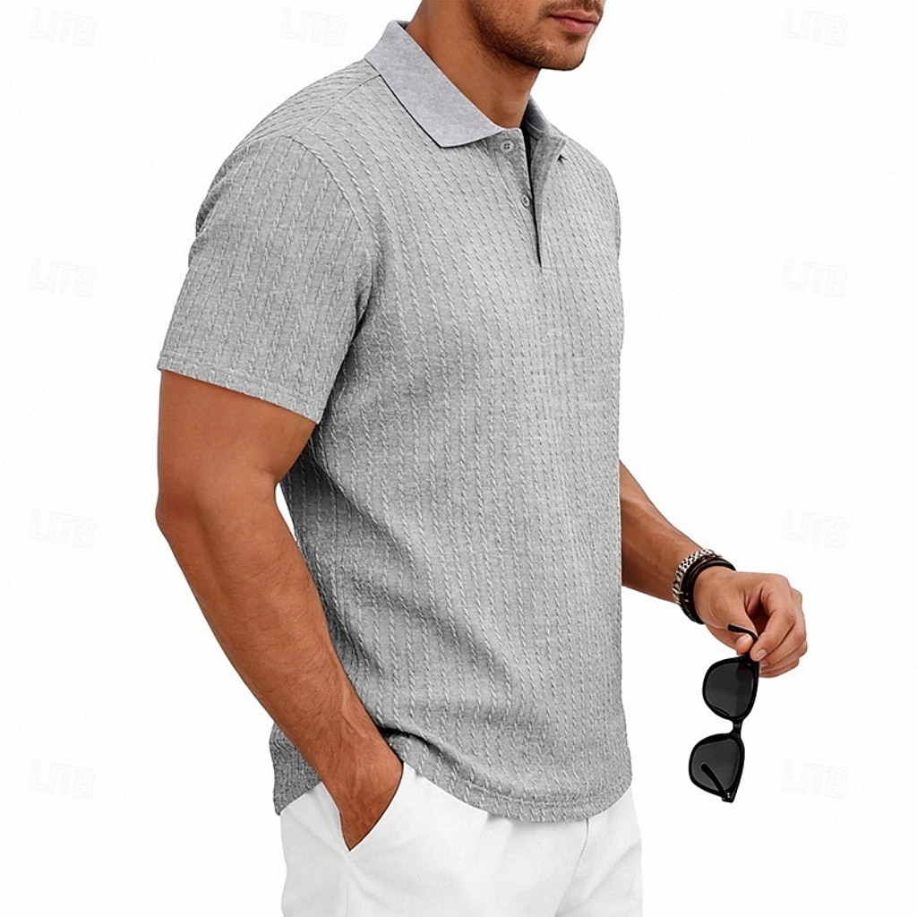 Herren Zopfstrick-Poloshirt Textur Geschäft Urlaub Revers Kurzarm Mode Modern Einfach Knöpfe Atmungsaktiv Sommer Frühling Schwarz Weiß Wein Marineblau Grün Khaki Zopfstrick-Poloshirt 2026 - $21.99 –P12