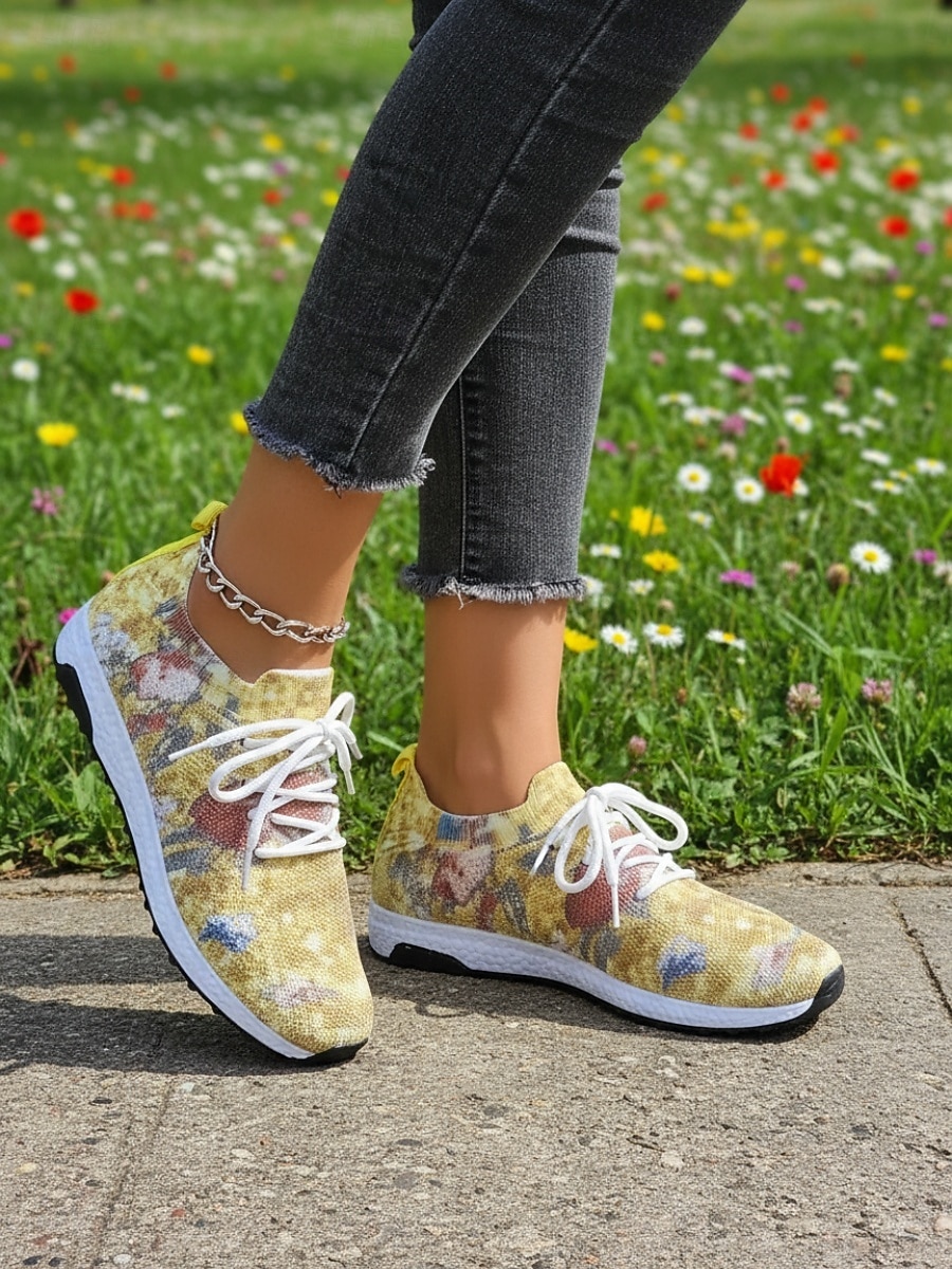 Women's Yellow Floral Print Knit Sneakers – Lightweight Breathable Casual Shoes with Cushioned Non-Slip Sole, Fashion Walking Shoes for Travel, Outdoor and Everyday Wear 2026 - $29.99 –P3