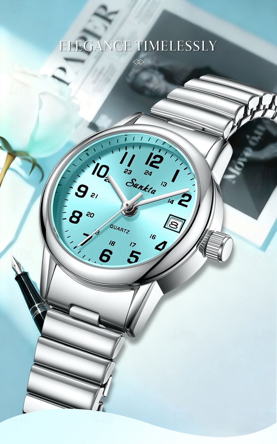 Montre femme facile à lire, à quartz, avec bracelet extensible en acier inoxydable, cadran bleu turquoise avec affichage de la date, étanche, élégante et décontractée, idéale comme cadeau pour femme de 2026 ? $18.99 –P1