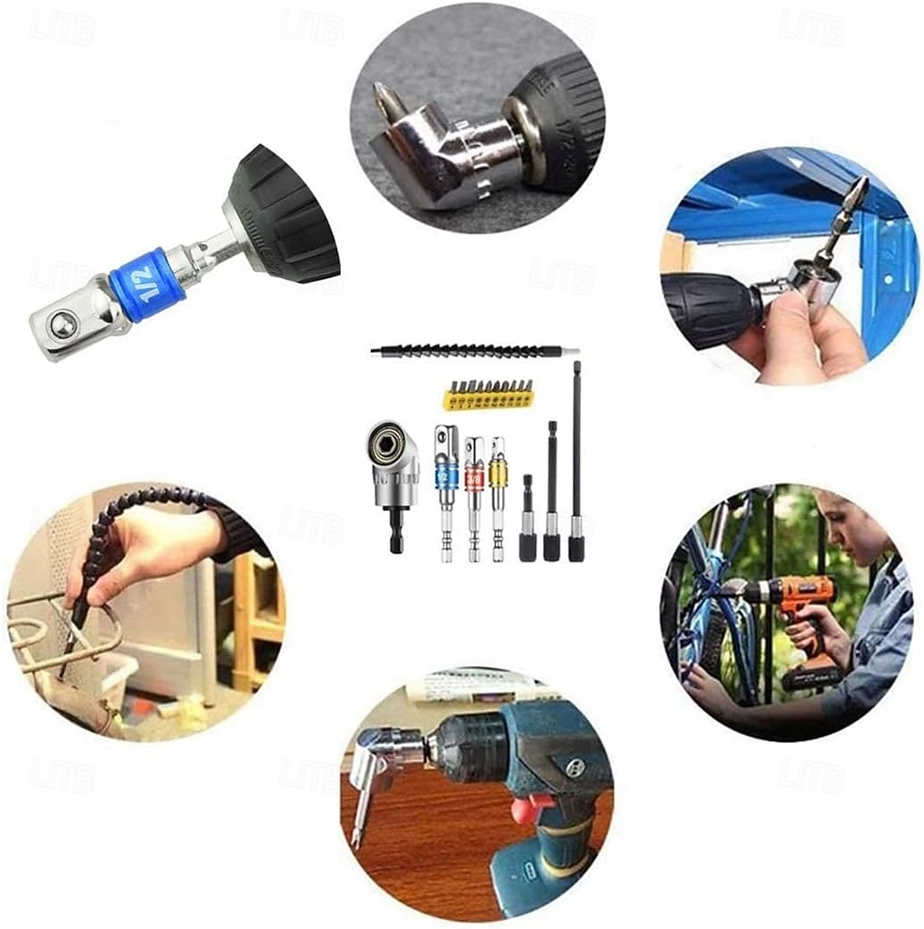 2026年 フレキシブルドリルビット延長セットには、105°直角ドリル、曲げ可能なドリル延長、1/4 3/8 1/2インチユニバーサルソケットアダプターセット3個、ドリルビットホルダー3個、ドライバービットキットが含まれています。  コレクション – $21.99 –P5