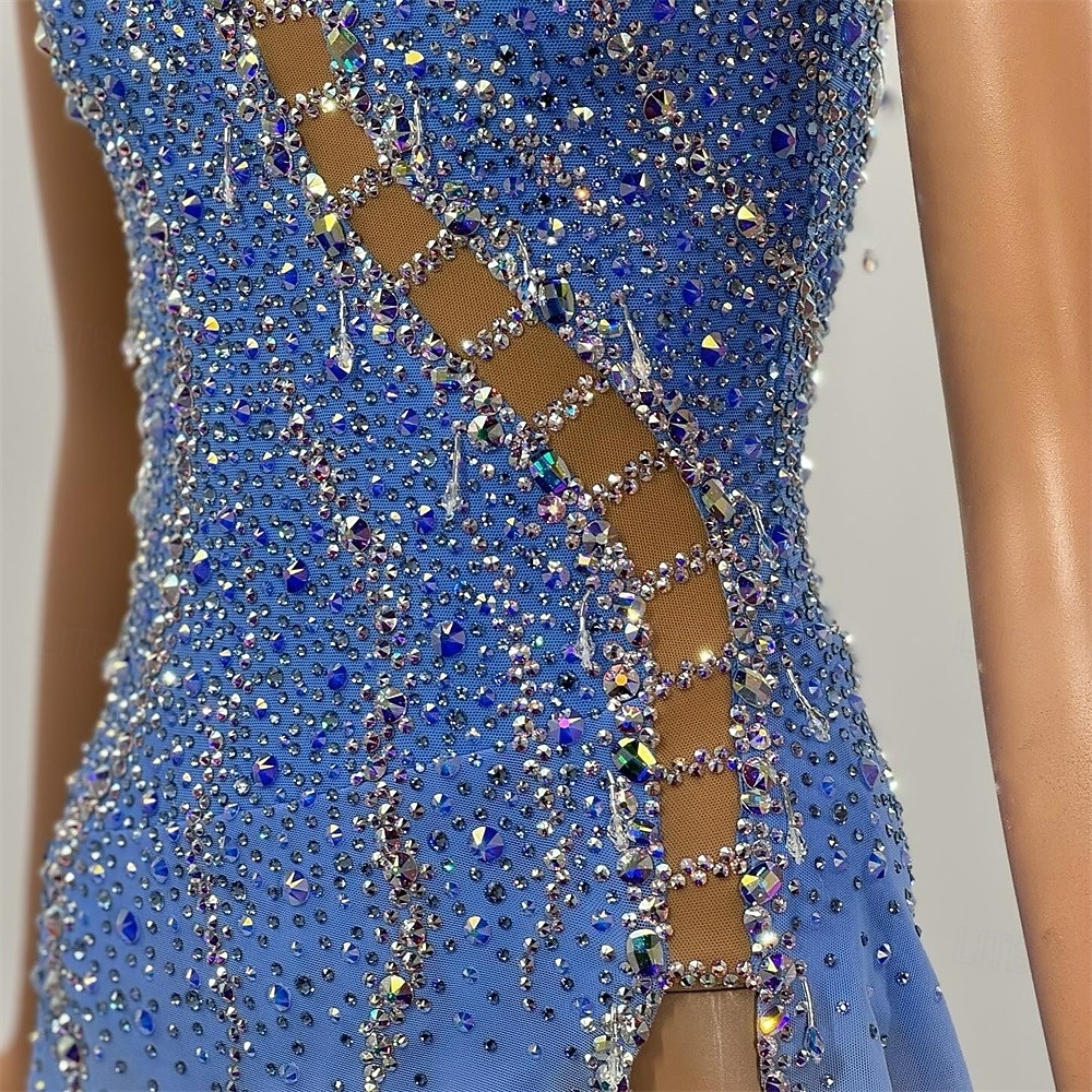 Figure Skating Dress Women's Ice Skating Dress Blue Patchwork Asymmetric Hem Stretchy Training Competition Skating Wear Classic Crystal / Rhinestone Sleeveless Ice Skating Figure Skating 2026 - $275.29 –P5