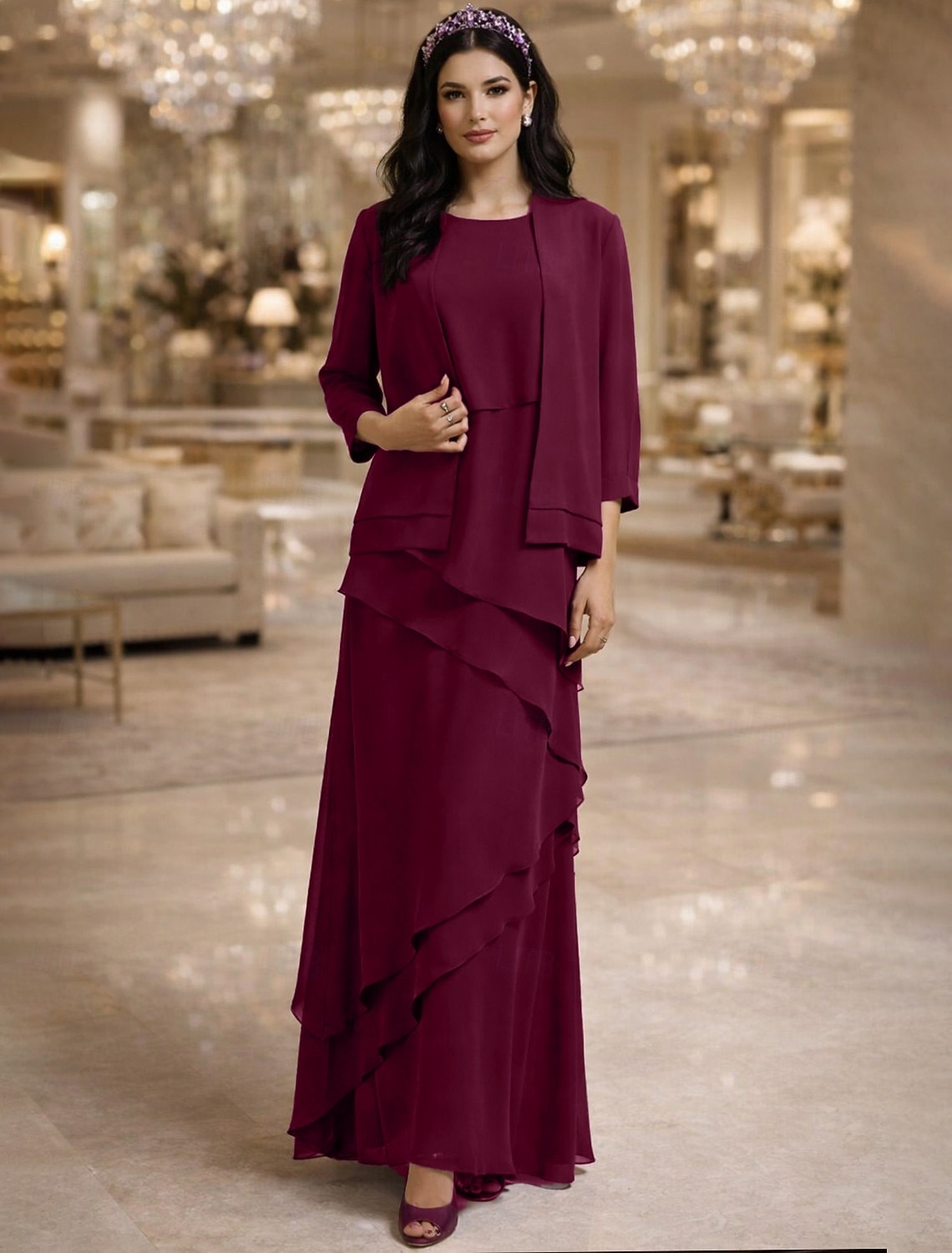 Tvådelad A-linje Golvlång Bröllopsgästklänning Klänning till brudens mor Ärmlös Prydd med juveler Elegant Bröllopsgäst Bröllopsfest Chiffong Sjal inkluderad med Fallande volanger Enfärgat 2026 - $153.99 –P1