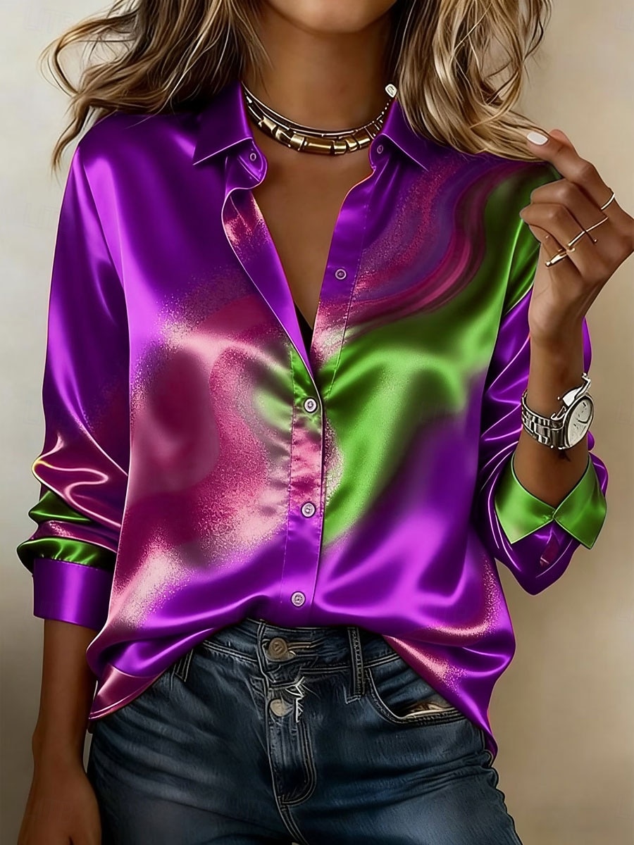 Mujer Camisa Camisa de raso Estampado Ombre Graphic Bohemia Vintage Elegante Manga Larga Cuello Camisero Tops regulares Diario Fiesta Festivos Azul Piscina Rojo Morado Verde Trébol Verano Primavera 2026 - $28.99 –P3