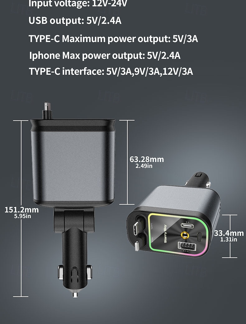 Cargador rápido para coche 5 en 1 de 180 W, adaptador de corriente USB tipo C, cargador de teléfono retráctil con luz de techo tipo estrella para teléfonos iOS y Android. 2026 - $24.99 –P13