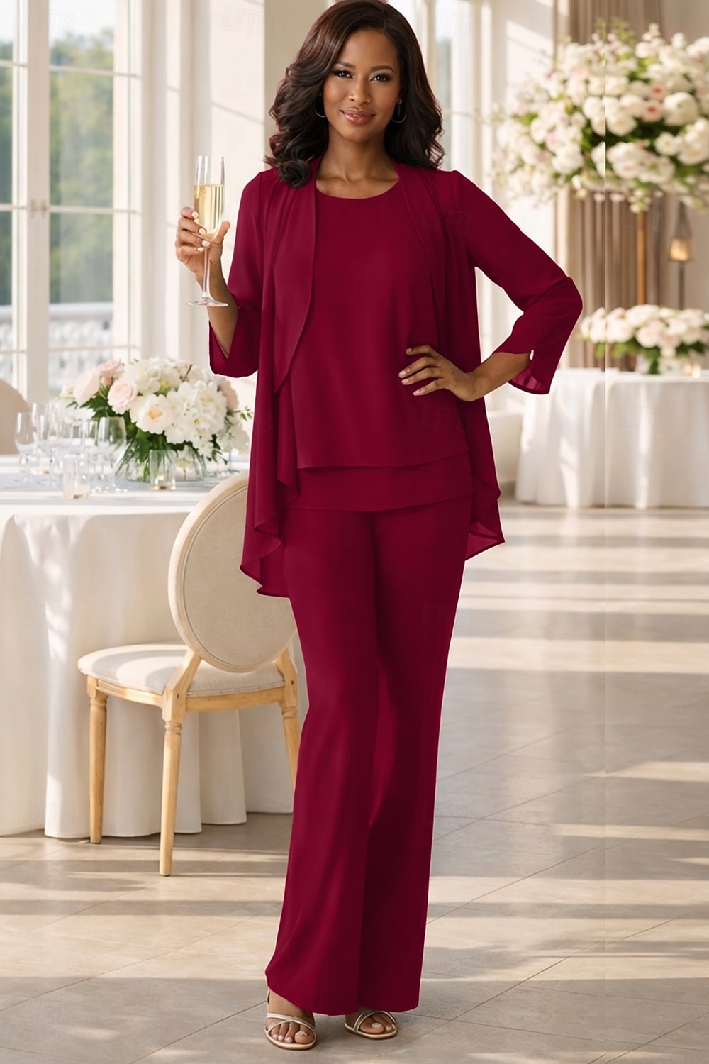 Overall Hosenanzug Bodenlang Brautmutterkleid Dreiviertelarm V Ausschnitt Elegant Hochzeitsgast Chiffon mit Rüschen 2026 - $142.99 –P8