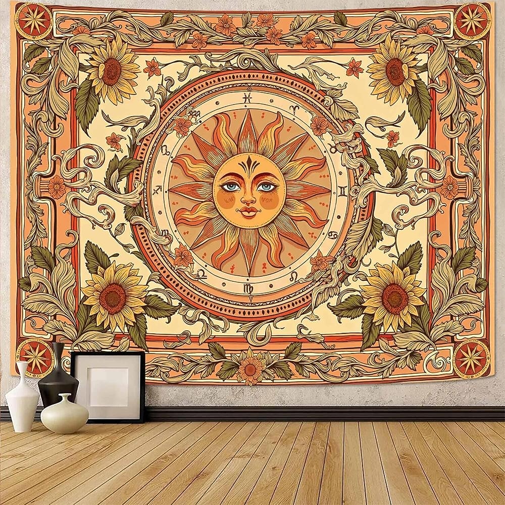Винтажный гобелен с изображением небесного солнца, подсолнуха, знаков зодиака, астрологии, гороскопа, изысканное цветочное панно, эстетичный декор комнаты, спальни, гостиной. 2026 - $20.99 –P3