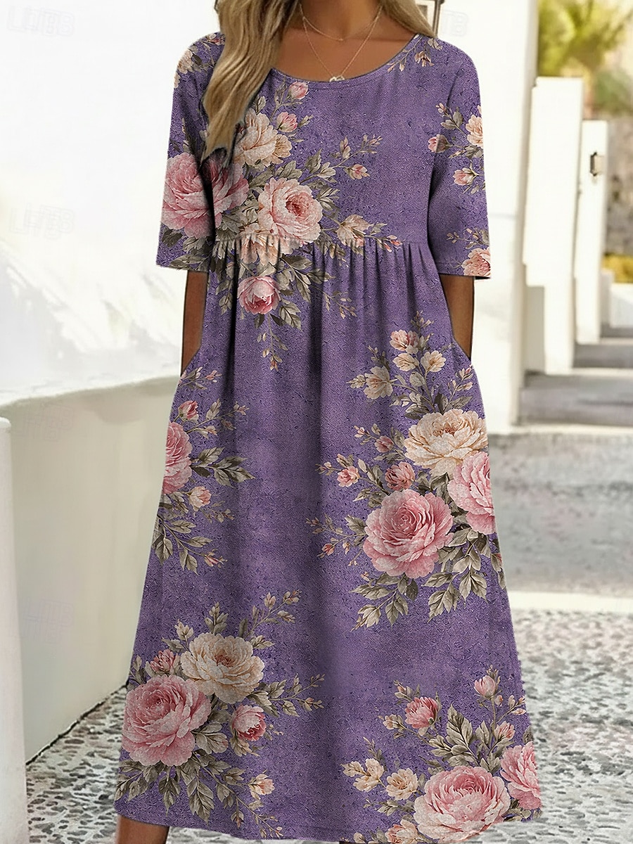 Per donna Abito Midi Vestito Casual Abito Stampato Vintage All'aperto Vacanza Uscire Vestibilità comoda Floreale Grafico Mezza Manica Girocollo Blu Viola chiaro Viola Verde Estate Primavera del 2026 a $29.99 –P3