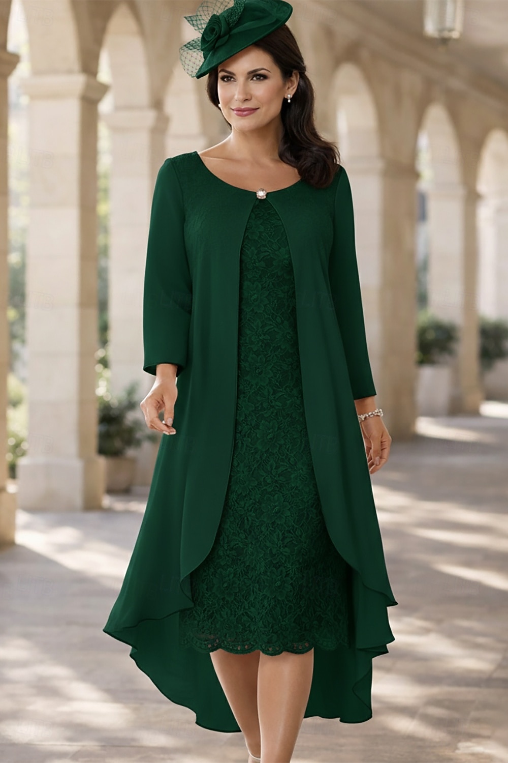 Duas Peças Linha A Longuette Vestido de convidada de casamento Vestido Para Mãe dos Noivos Manga Curta Decorado com Bijuteria Elegante Tamanhos Grandes Convidado do casamento Festa de Casamento de 2026 por $157.99 –P9