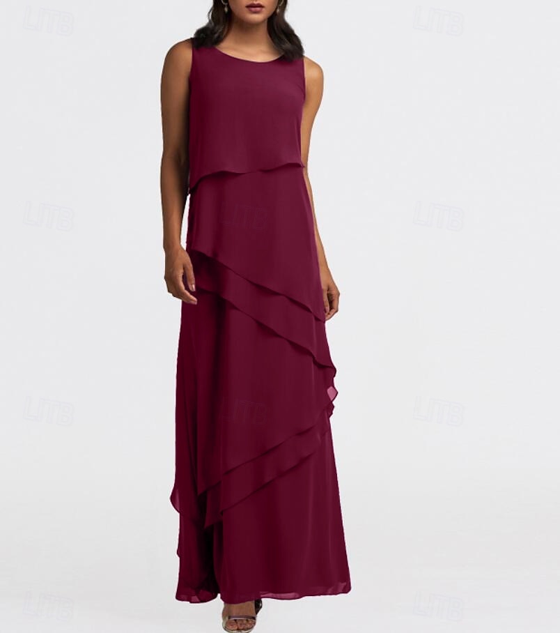 Tvådelad A-linje Golvlång Bröllopsgästklänning Klänning till brudens mor Ärmlös Prydd med juveler Elegant Bröllopsgäst Bröllopsfest Chiffong Sjal inkluderad med Fallande volanger Enfärgat 2026 - $153.99 –P5