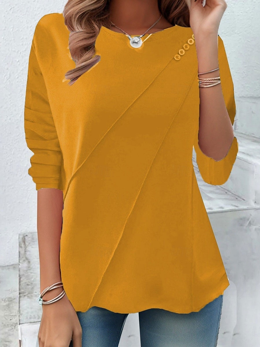 Dámské tričko dlouhý rukáv jednobarevné stylové volnočasové dlouhý rukáv kulatý výstřih běžné topy každodenní knoflíky černá žlutá červená modrá jaro před podzimem 2026 - $5.99 –P8