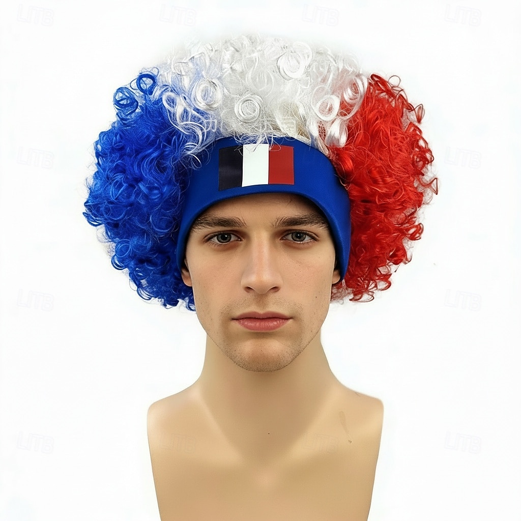 Afro paruka s vlajkou více zemí a čelenkou - barevná kudrnatá rekvizita pro fandění sportovním fanouškům 2026 - $17.49 –P3