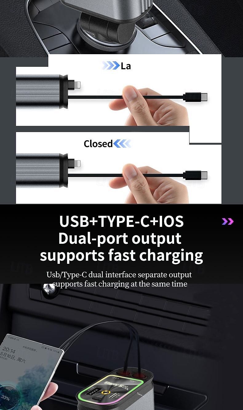 Cargador rápido para coche 5 en 1 de 180 W, adaptador de corriente USB tipo C, cargador de teléfono retráctil con luz de techo tipo estrella para teléfonos iOS y Android. 2026 - $24.99 –P5