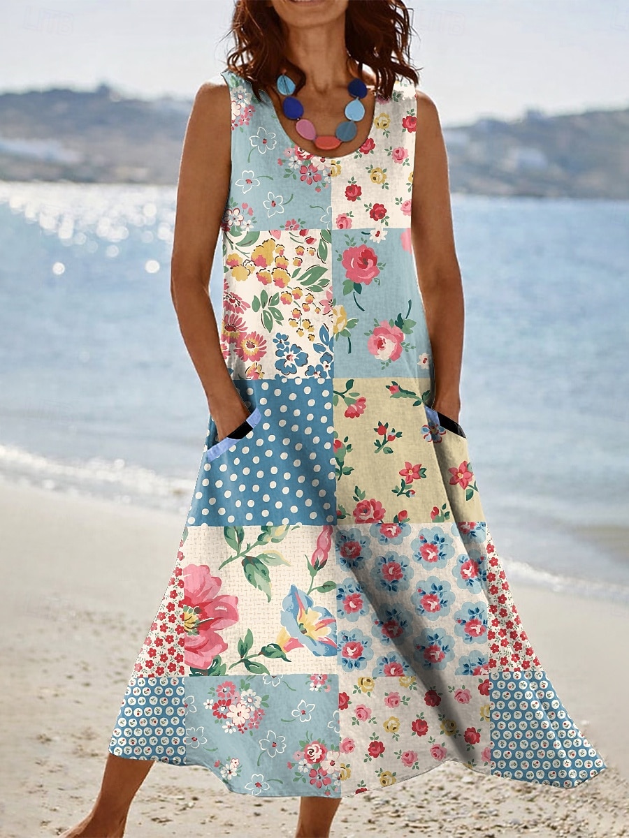 Damskie Sukienka midi Sukienka letnia Sukienka A line Urlop Codzienny Boho Święto Luźna Kwiaty Graficzny Bez rękawów Dekolt w kształcie litery U Niebieski Żółty Rumiany róż Zielony Lato Wiosna 2026 - $33.99 –P1