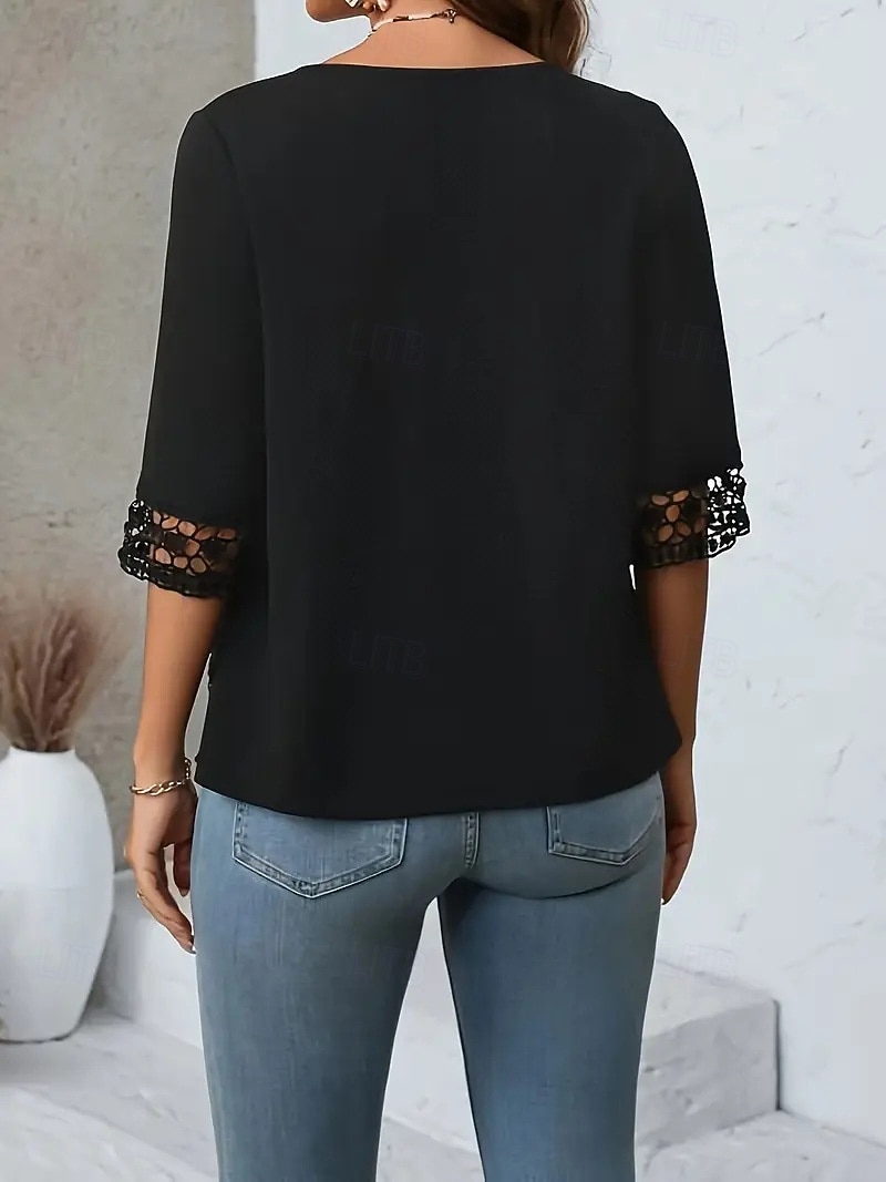 Women's Casual Jacket Comfortable Breathable Lace Patchwork Casual Plain Casual Vacation Street Daily Wear Open Front Regular Crewneck Regular Fit 3/4 Length Sleeve Outerwear Black Summer Spring 2026 - $25.99 –P2