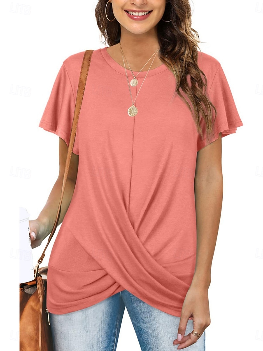 Mulheres Camiseta T-shirt Franzido Tecido Moda à moda Clássico Manga Curta Gola Redonda Tops regulares Diário Para Noite Final de semana Azul Preto Branco Rosa Vinho Verão Primavera de 2026 por $19.99 –P2