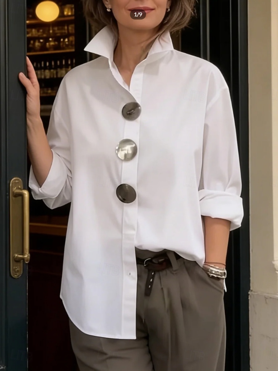 Women's Blouse Buttons Solid Color Elegant Stylish Casual Long Sleeve Lapel Regular Tops Daily Blue Black White Pink Wine Spring Fall 2026 - $22.99 –P1
