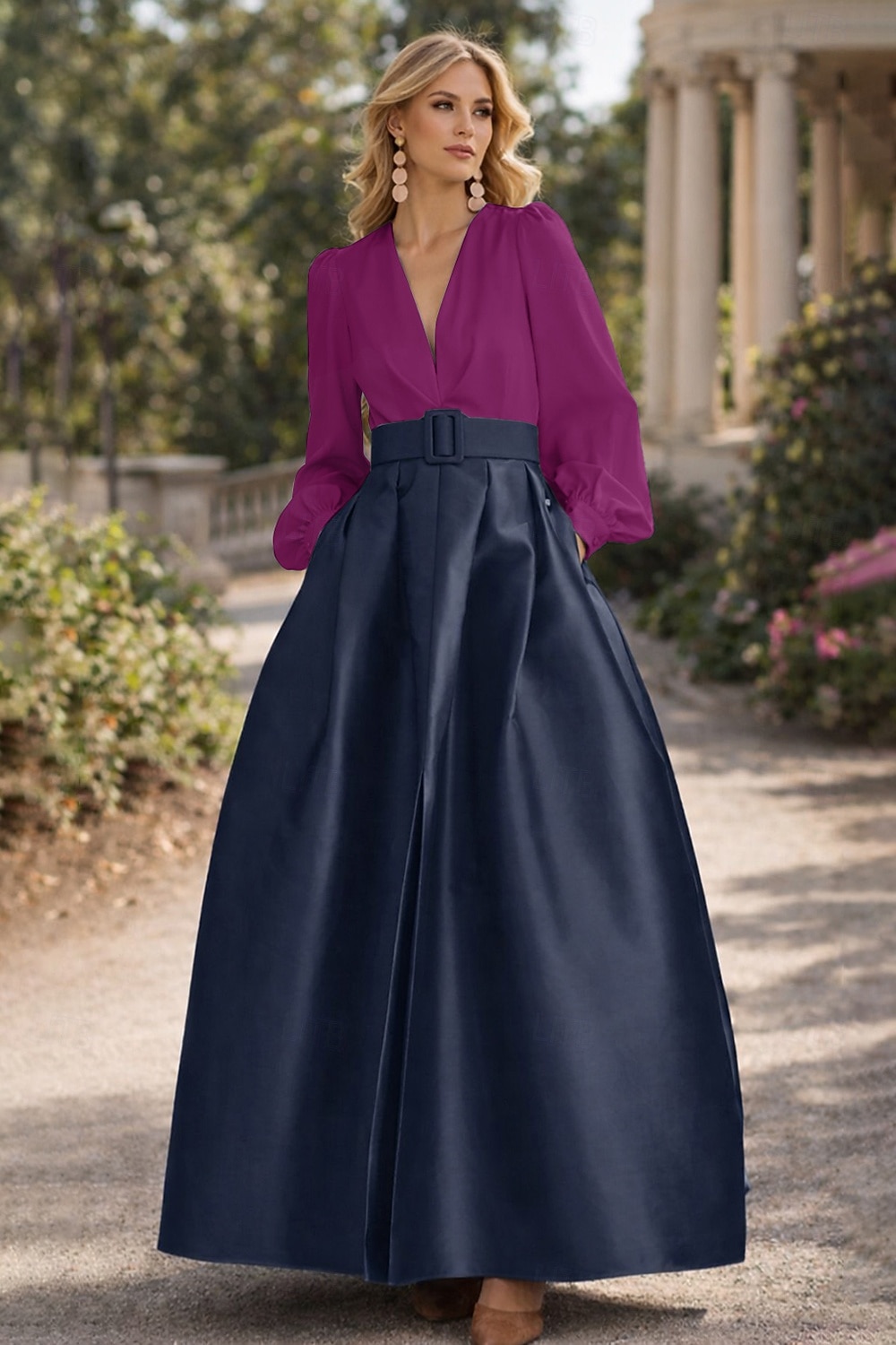 A-Line Floor Length Evening Gown High Split Mother Of The Bride Long Sleeve V Neck Formal Wedding Guest Belt / Sash Satin with Pleats Slit 2026 - $172.99 –P11