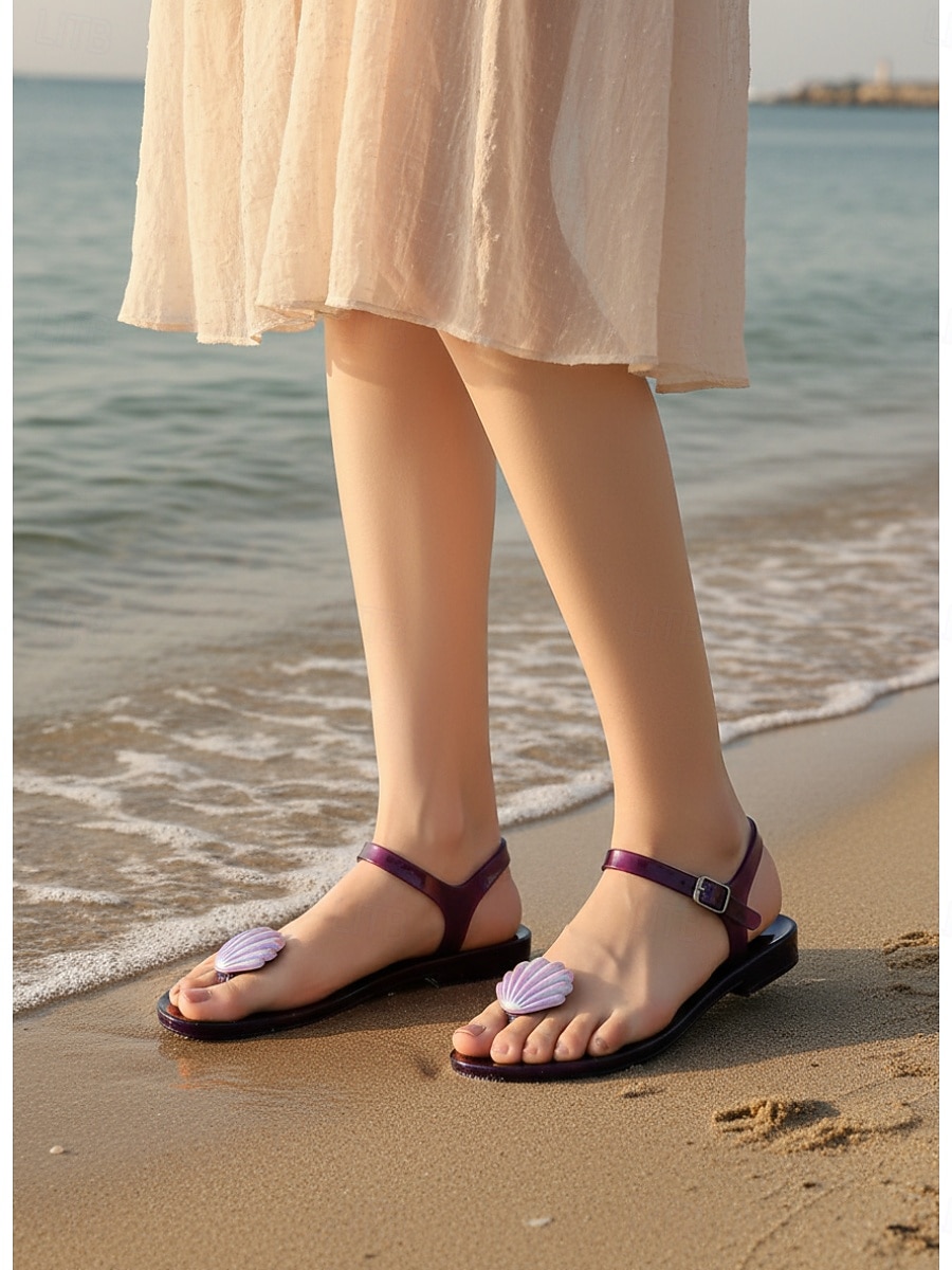 Women's Vibrant Purple Jelly Sandals - Waterproof Summer Flip Flops with Iridescent Shell Decor for Beach Vacations, Poolside Parties & Tropical Resort Wear 2026 - $19.99 –P3