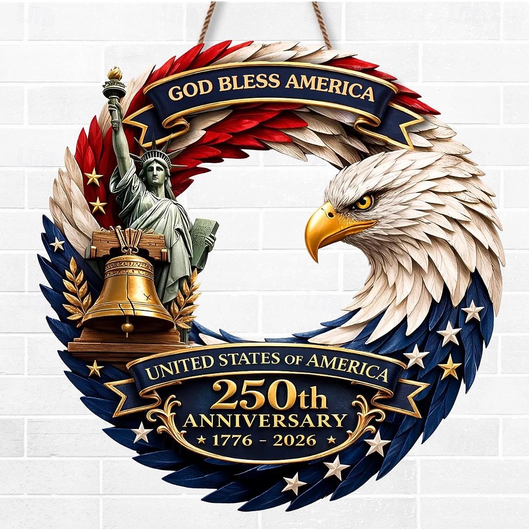U.S. 250th Anniversary Wood Sign Patriotic Door Hanger, God Bless America Independence Day Decor with Eagle, Liberty Bell & Statue of Liberty, 1776–2026 4th of July Front Door Decoration 2026 - $25.99 –P5