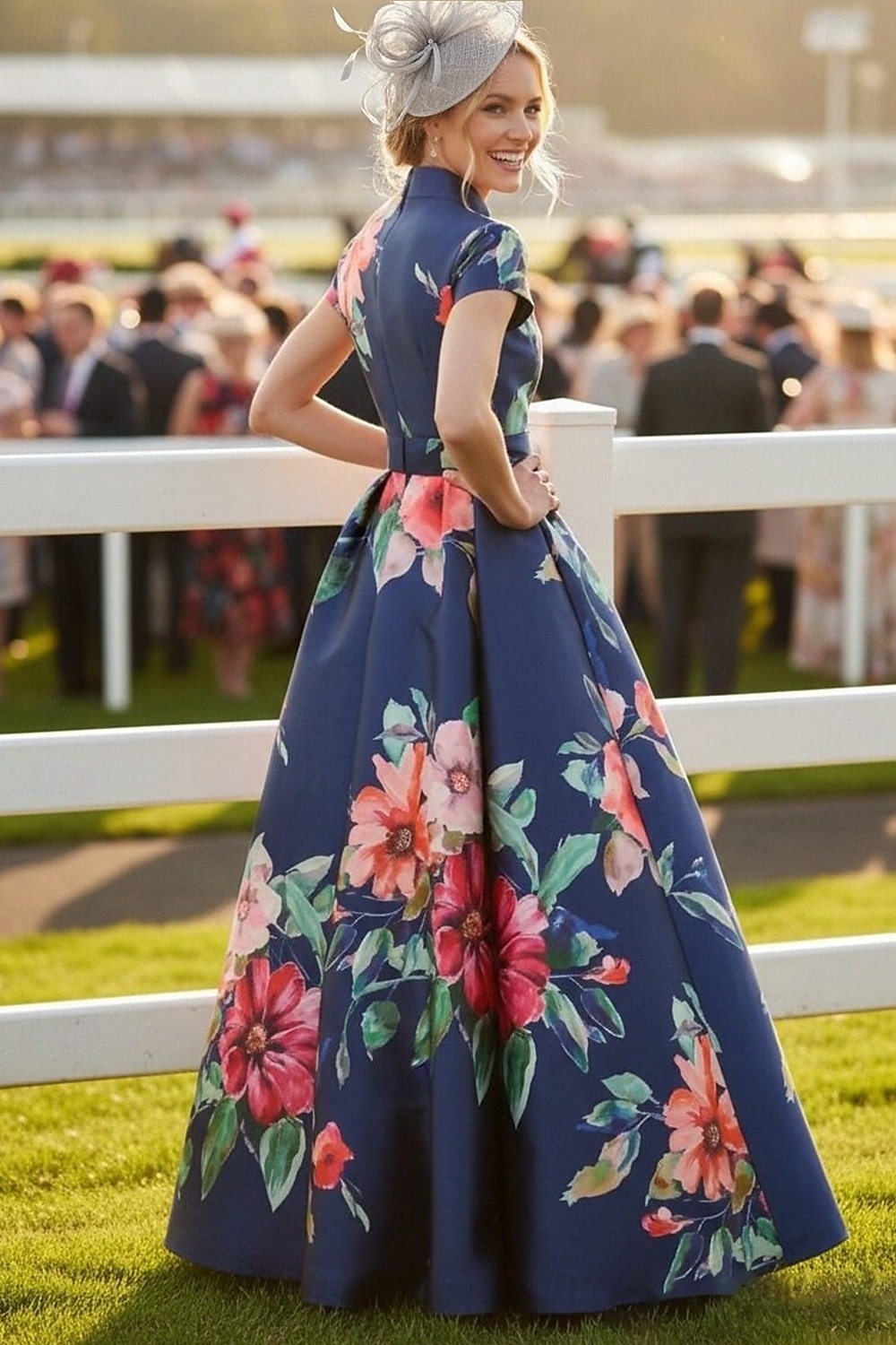 Linea ad A Lunghezza al pavimento Abito da invitata a nozze Abito Formale Abito Derby Abito da cerimonia per signora Manica Corta Scollo a V Regina Anna Elegante Formale Ferie Derby del Kentucky Raso del 2026 a $206.99 –P2