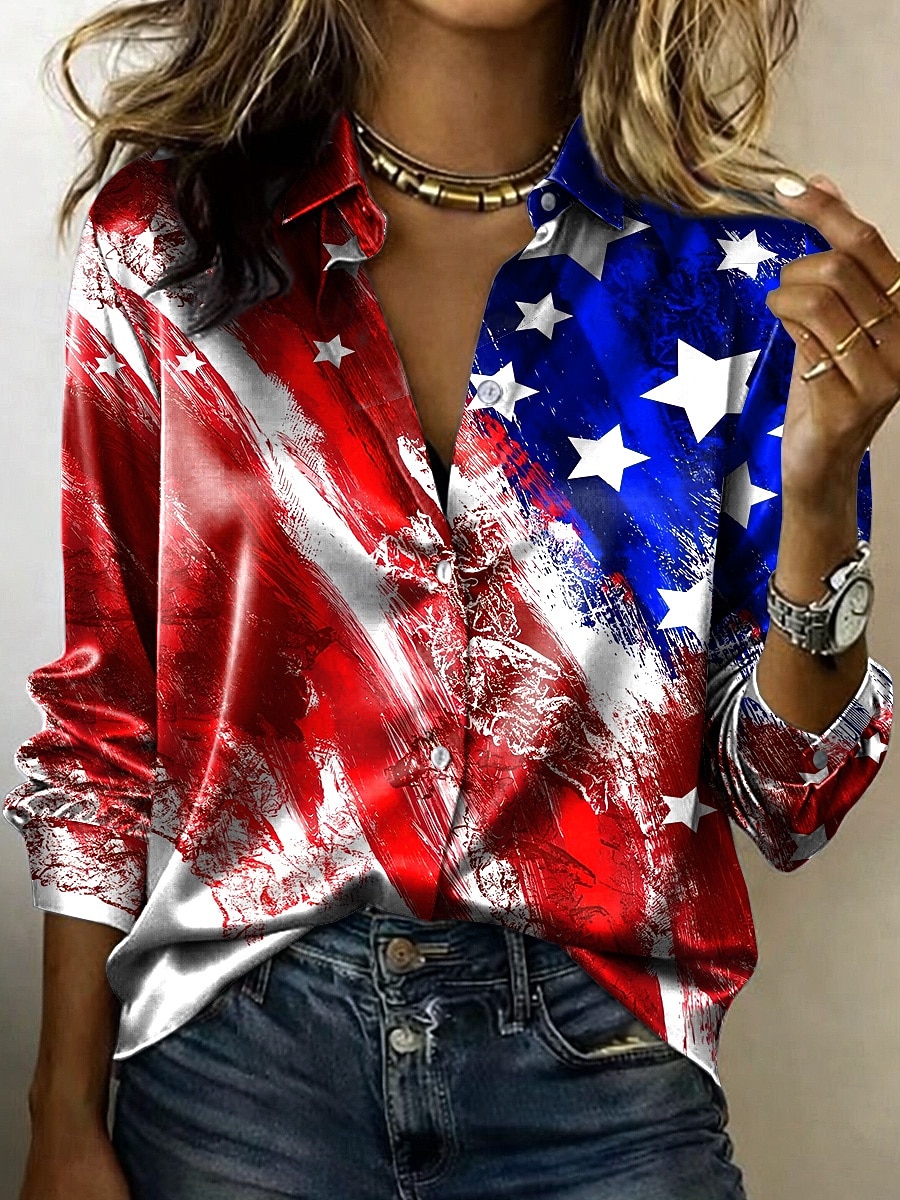 día de la independencia americana Mujer Camisa Camisa de raso Camisa con botones Camisa casual Estampado Graphic Bandera Clásico Casual Manga Larga Cuello Camisero Tops regulares Diario Festivos Noche 2026 - $31.99 –P2