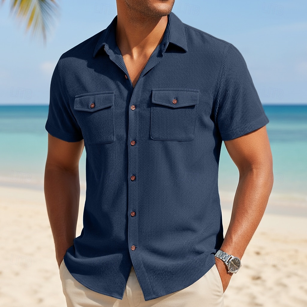 Men's Shirt Casual Shirt Corduroy Shirt Button Up Shirt Black White Yellow Navy Blue Brown Short Sleeve Solid Color Plain Textured Shirt Collar Casual Daily Front Pocket Clothing Apparel Elegant 2026 - $24.99 –P6