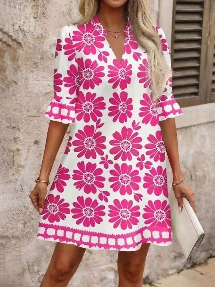 Women's Mini Dress Shift Dress Casual Dress Print Dress Fashion Modern Daily Vacation Going out Regular Fit Floral Long Sleeve V Neck Blue Black Red Fuchsia Spring Fall 2026 - $33.99 –P8