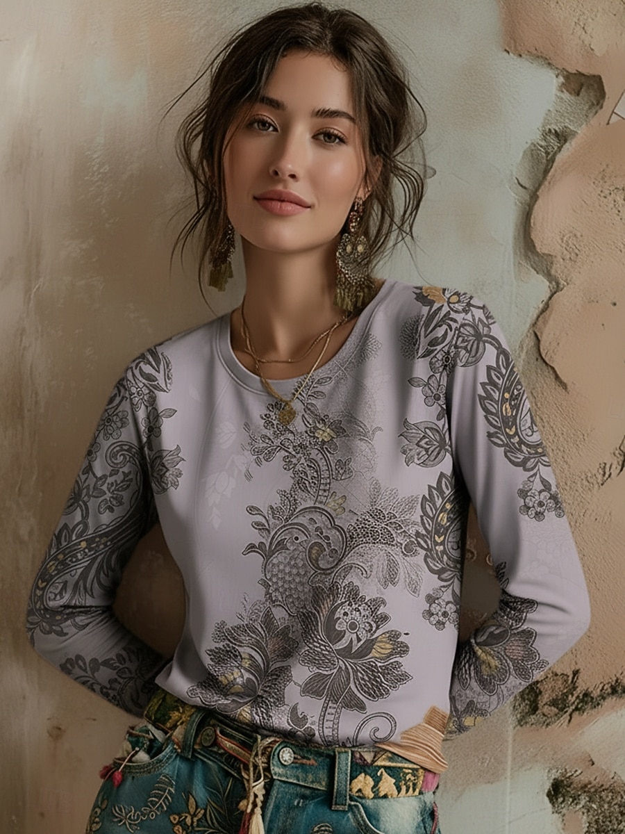 Dames T-shirt Afdrukken Grafisch Planten Bohemen Vintage Casual Lange mouw Strakke ronde hals Normale tops Dagelijks Weekend Vakantiekleding blauw Zwart Blozend Roze Paars Oranje Zomer Lente Herfst 2026 - $24.99 –P2