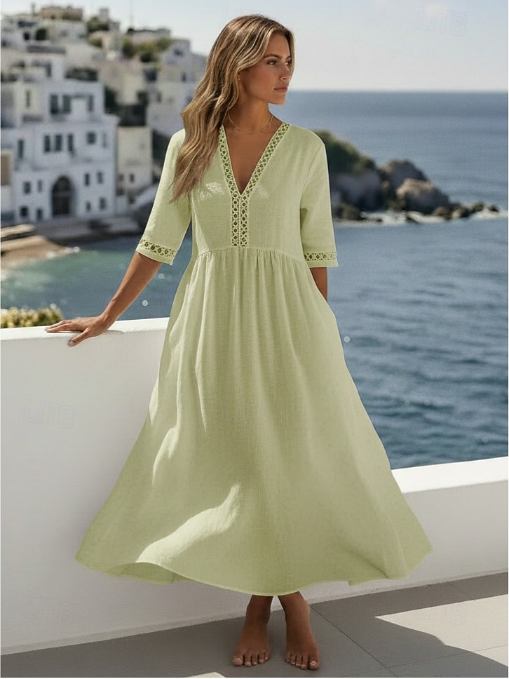 Per donna Abito Midi 100% cotone Abito a Tubino Abiti in cotone e lino Vestito Casual Essenziale Classico Casual Quotidiano All'aperto Vacanza Vestibilità comoda Semplice Mezza Manica Scollo a V del 2026 a $32.99 –P5