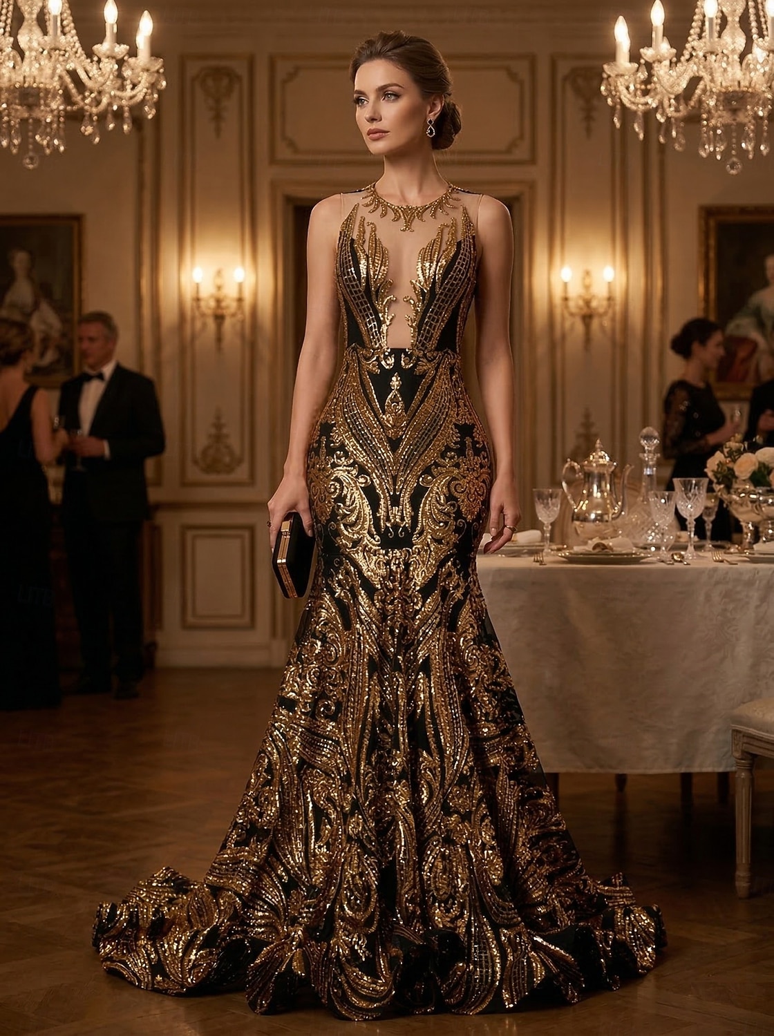 Corte Trompeta Sirena Cola barrida Trajes de gala Vestidos de noche Corte Cenicienta Vestimenta formal Elegante Sin Mangas Escote de ilusión Carnaval Formal afroamericano Lentejuelas con Lentejuela 2026 - $287.49 –P6