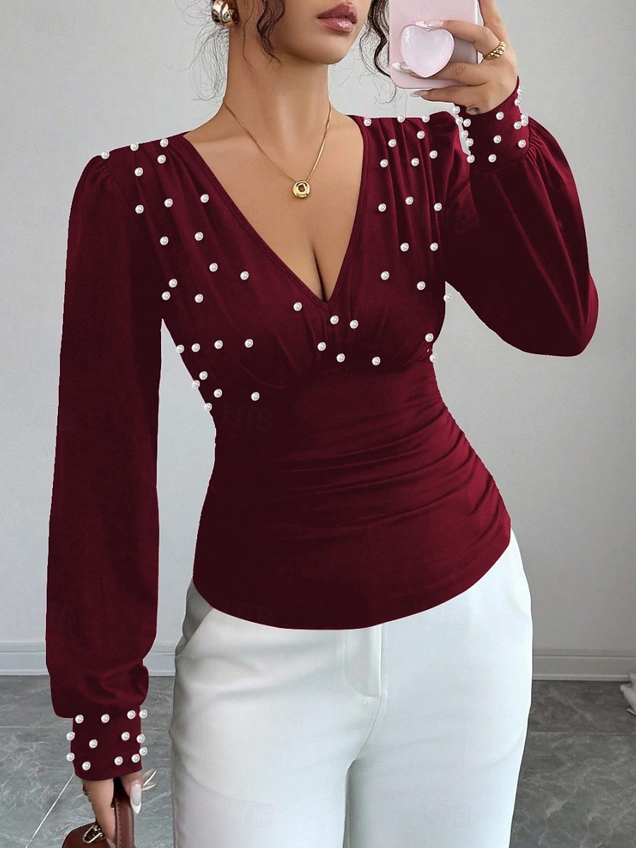 Dam Skjorta Blus Långärmade toppar Rynkad Slät Mode Stylish Klassisk Långärmad V-hals Vanliga toppar Dagligen Helgdag Utekväll Svart Vin Aprikos Sommar Vår 2026 - $29.99 –P6