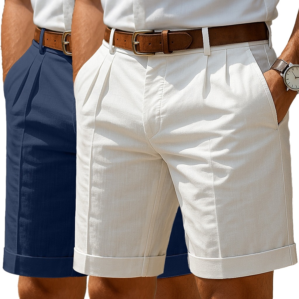 Herr Shorts Linne Shorts Klänning Shorts Sommarshorts Beach Shorts Ficka Elastisk midja Rakt ben Slät Komfort Andningsfunktion Knelängd Ledigt Dagligen Helgdag Mode Affär Vit + Grön Vit + khaki 2026 - $37.99 –P2