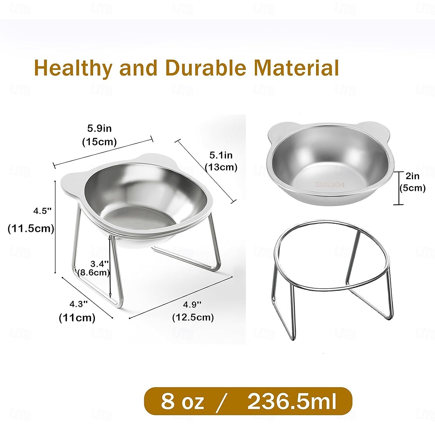 Verhoogde voer- en waterbakken van roestvrij staal met metalen standaard en antislipvoet (15 graden gekanteld). Dubbele kom voor voer en water, geschikt voor katten, kittens en kleine honden. 2026 - $24.99 –P6