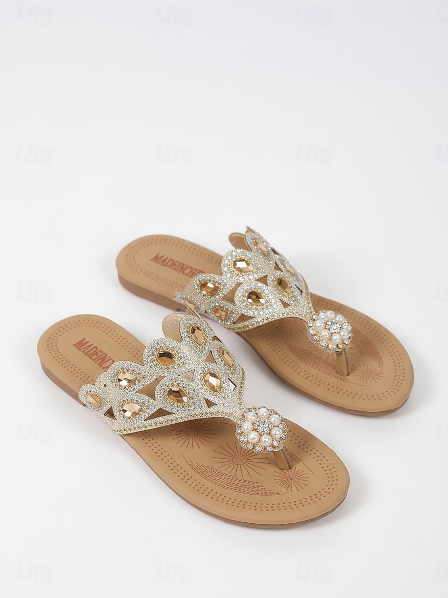 Chinelo feminino boho com aplicações de joias - elegante cristal azul royal &Sandálias rasteiras com tira em T e pérolas, perfeitas para férias na piscina e escapadelas na praia. &roupas de resort de de 2026 por $19.99 –P2
