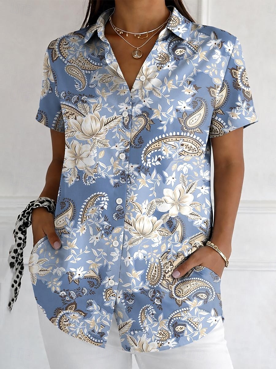 Mulheres Camisa Social Botões Imprimir Gráfico Estampado Cashemere Vintage à moda Moderno Manga Curta Colarinho de Camisa Tops regulares Diário Azul Roxo Verde Cáqui Verão Primavera de 2026 por $26.99 –P1