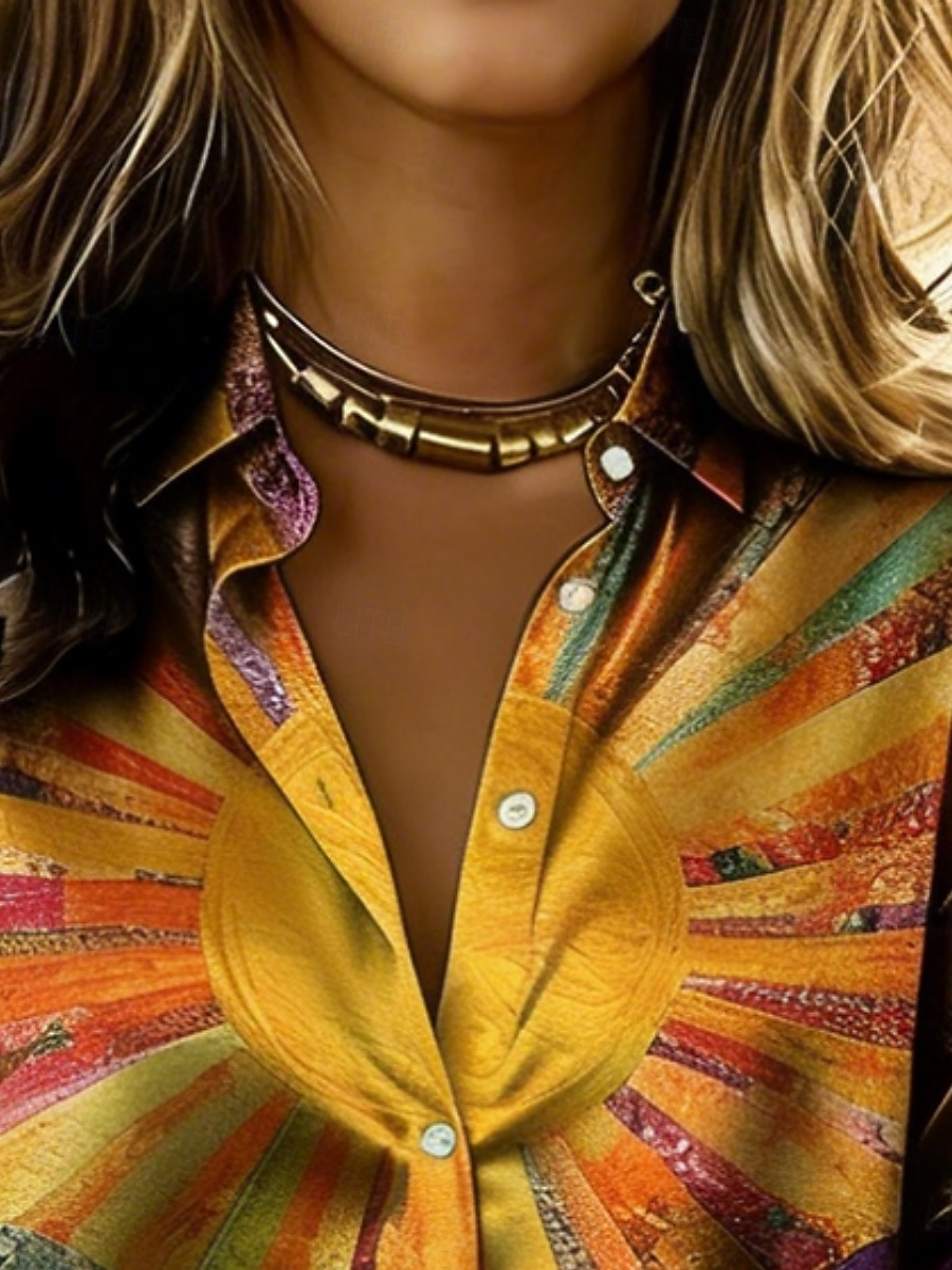 Per donna Camicia Camicia in raso Stampato Grafico Sole Astratto Bohemien Vintage Manica Lunga Colletto a Camicia Top Regolari Quotidiano Ferie Uscire Giallo Estate Primavera Autunno del 2026 a $26.99 –P2