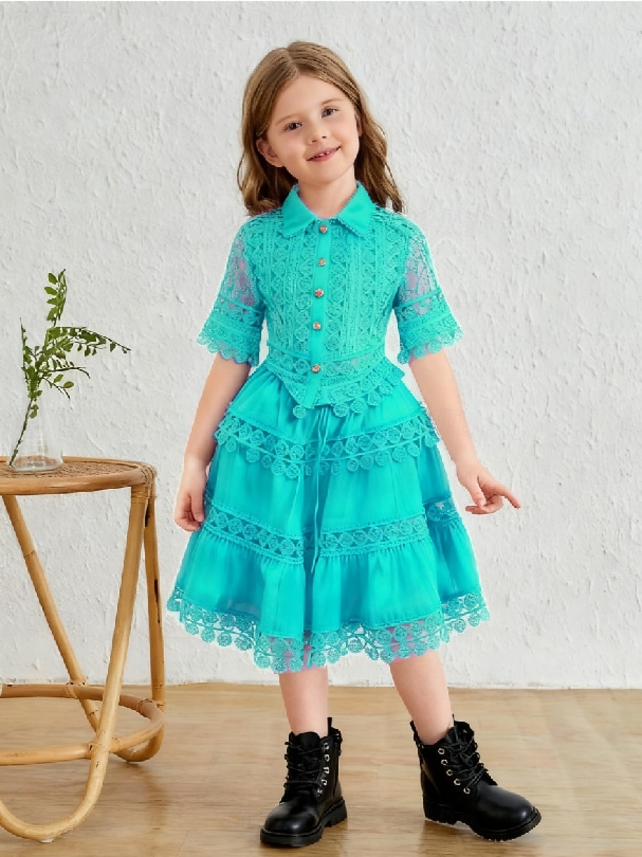 2 Pieces Kids Girls' Solid Color Lace Dress Suits Set Short Sleeve Fashion Outdoor 4 years+ Summer Blue White Pink 2026 - $40.99 –P8