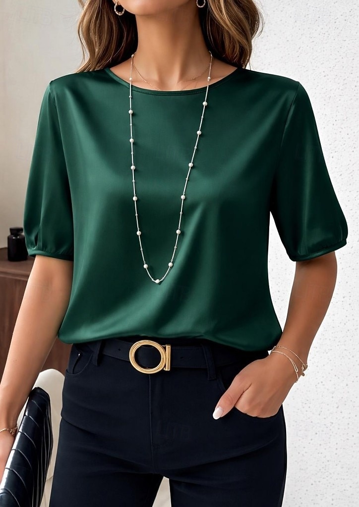 Per donna Top in raso Maglietta Tinta unica Elegante Casual Manica Corta Girocollo Top Regolari Quotidiano Uscire Nero Rosa Rosso Verde Albicocca Estate Primavera del 2026 a $21.99 –P10