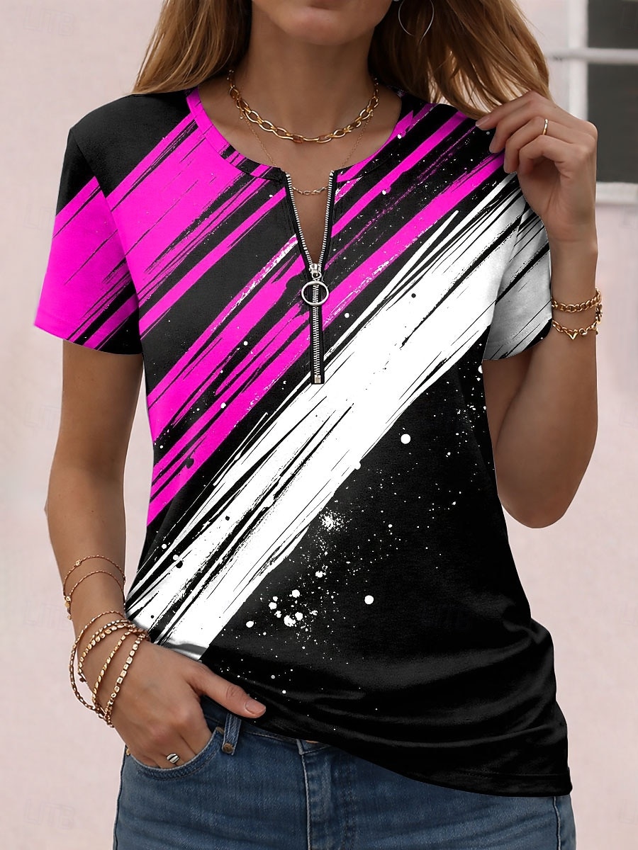 Dam T-shirt Dragkedja Grafisk Geometrisk Abstrakt Vintage Hawaiisk Stylish Kortärmad Rund hals Vanliga toppar Dagligen Sport Helgen Blå Rubinrött Purpur Grön Sommar Vår 2026 - $21.99 –P3