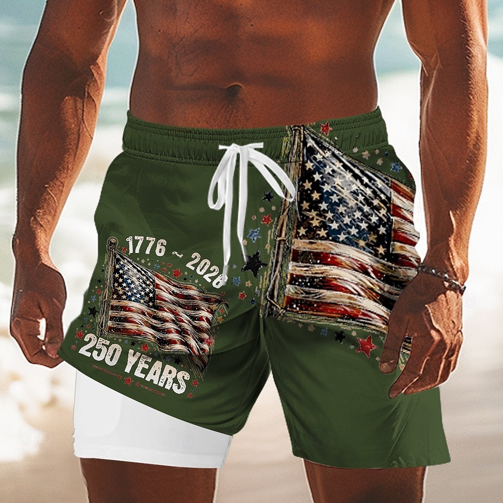 Herr 4 juli USA:s 250-årsjubileum USA: s flagga Fodrade shorts 2 i 1 simshorts Badshorts Medium Midja Patriotisk Helgdag Sidfickor Med kompressionsfoder Elastisk dragsko i midjan Designer Kläder 2026 - $22.99 –P3