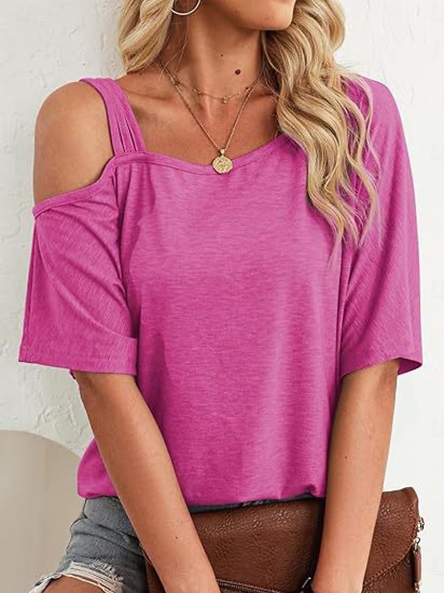 Femmes T-shirt Œillet Uni Mode Élégant Classique Manche Courte Col asymétrique Hauts Réguliers Quotidien Sortir Week-end Bleu Noir Blanche Rose Claire Fuchsia Été Printemps de 2026 ? $21.99 –P11
