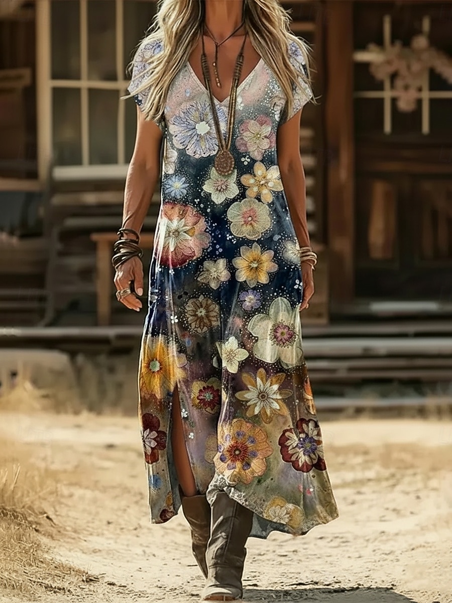 Per donna Abito maxi Abito Boho Vestito Casual Abito a trapezio Abito Stampato Vintage All'aperto Vacanza Weekend Vestibilità regolare Floreale Grafico Manica Corta Scollo a V Blu marino Viola Verde del 2026 a $25.99 –P1