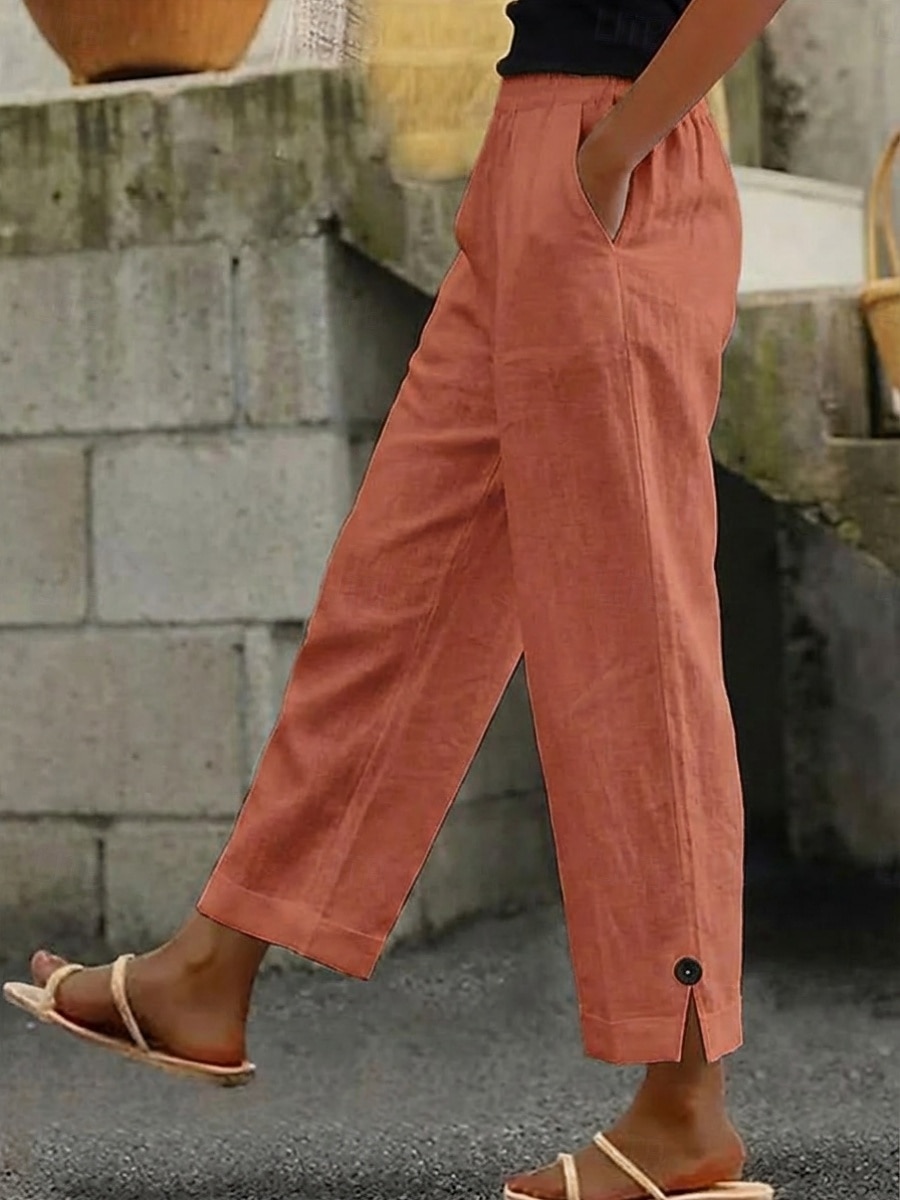Women's Linen-feel Pants Cotton Casual Pants Summer Pants Vacation Fashion Streetwear Full Length High Waist Plain Pocket Elastic Waist Comfort Comfortable Inelastic Daily Vacation Street Pinky White 2026 - $21.99 –P2