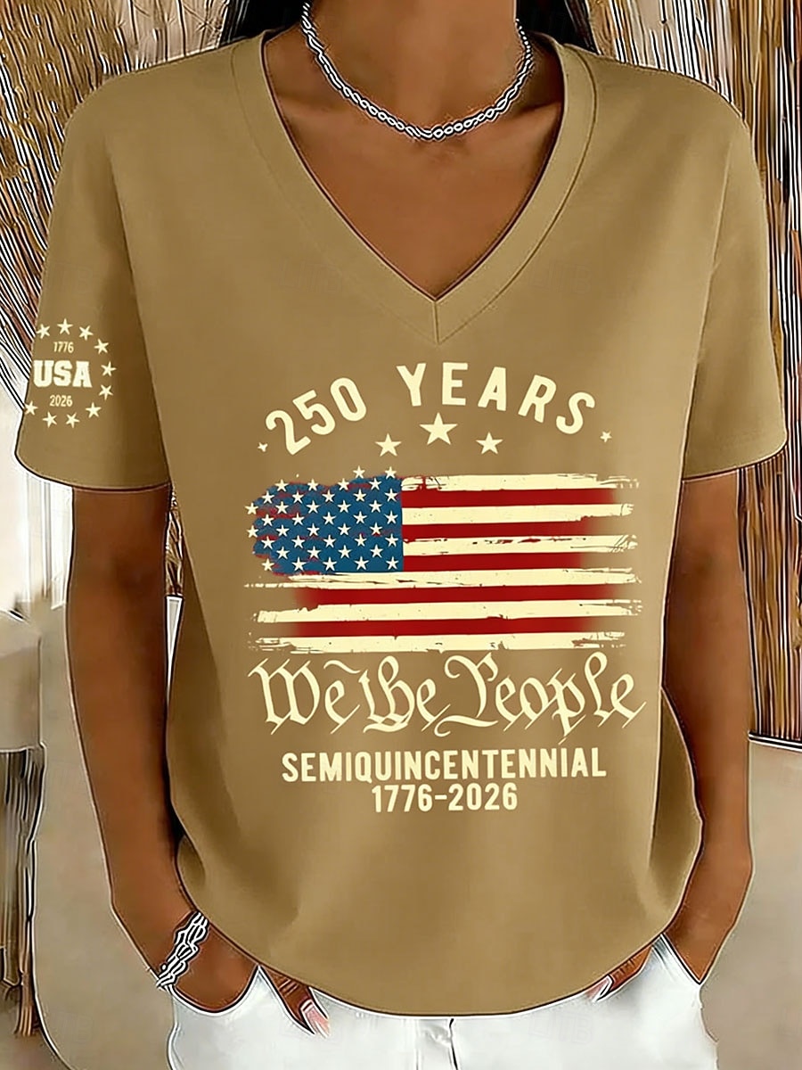2026年 アメリカ独立記念日 女性用 Tシャツ プリント グラフィック フラッグ アメリカの国旗 ヴィンテージ スタイリッシュ クラシック 半袖 Ｖネック レギュラートップス 日常 ピンク ルビーレッド パープル カーキ色 夏 春  コレクション – $21.99 –P3