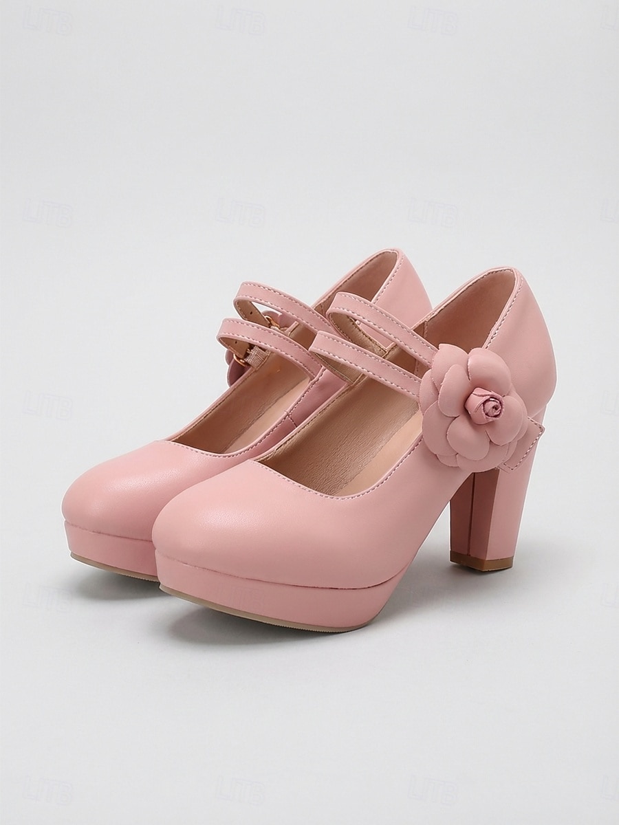 Rosa platåskor med Mary Jane-klack för kvinnor, grova klänningar med blockklack och blommiga detaljer för brudens mor, trädgårdsbröllop &formella evenemang 2026 - $46.99 –P3
